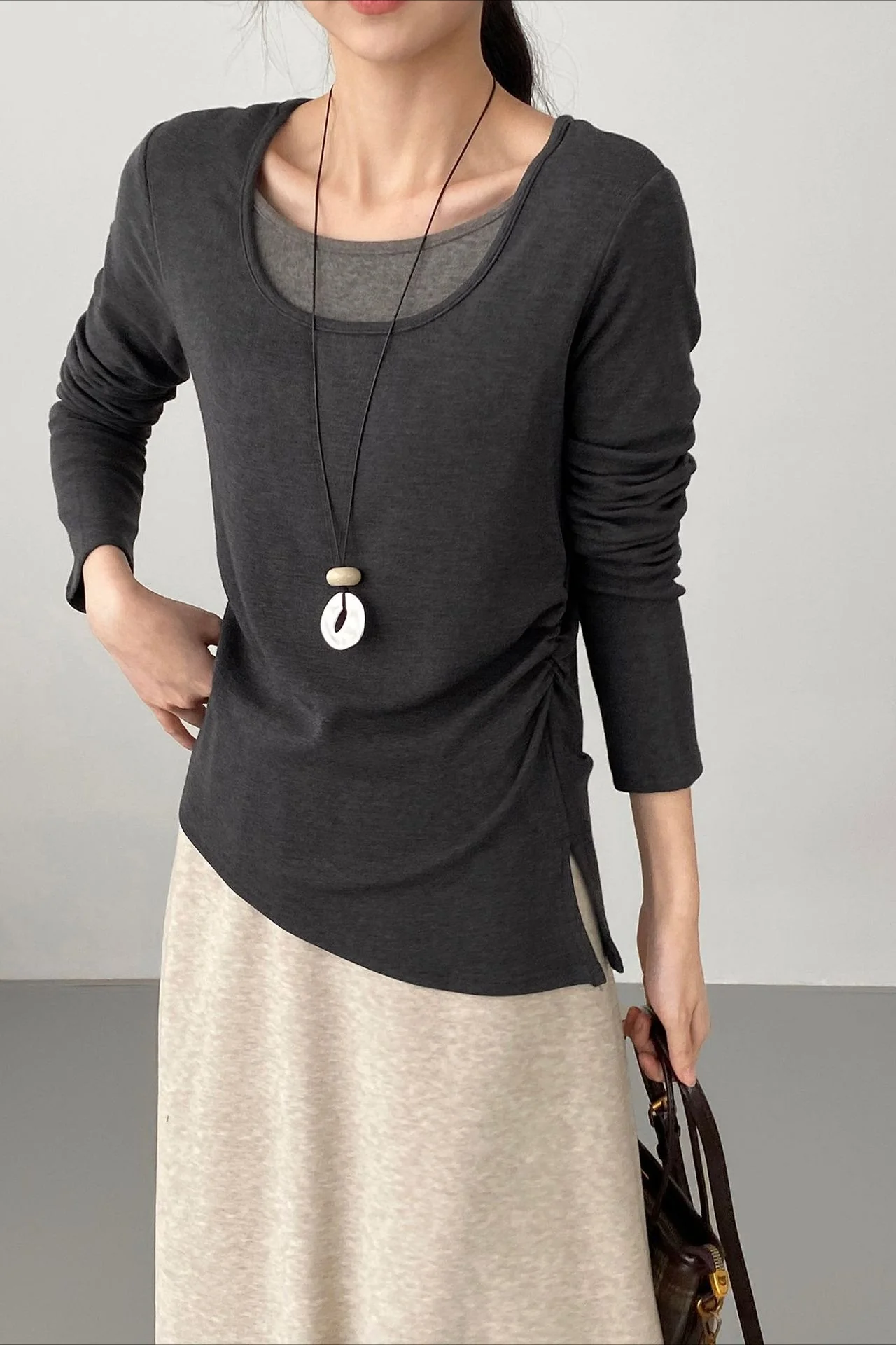 Chic Fleece Fake Two-Piece Split Hem Slim Base Layer - Image 7