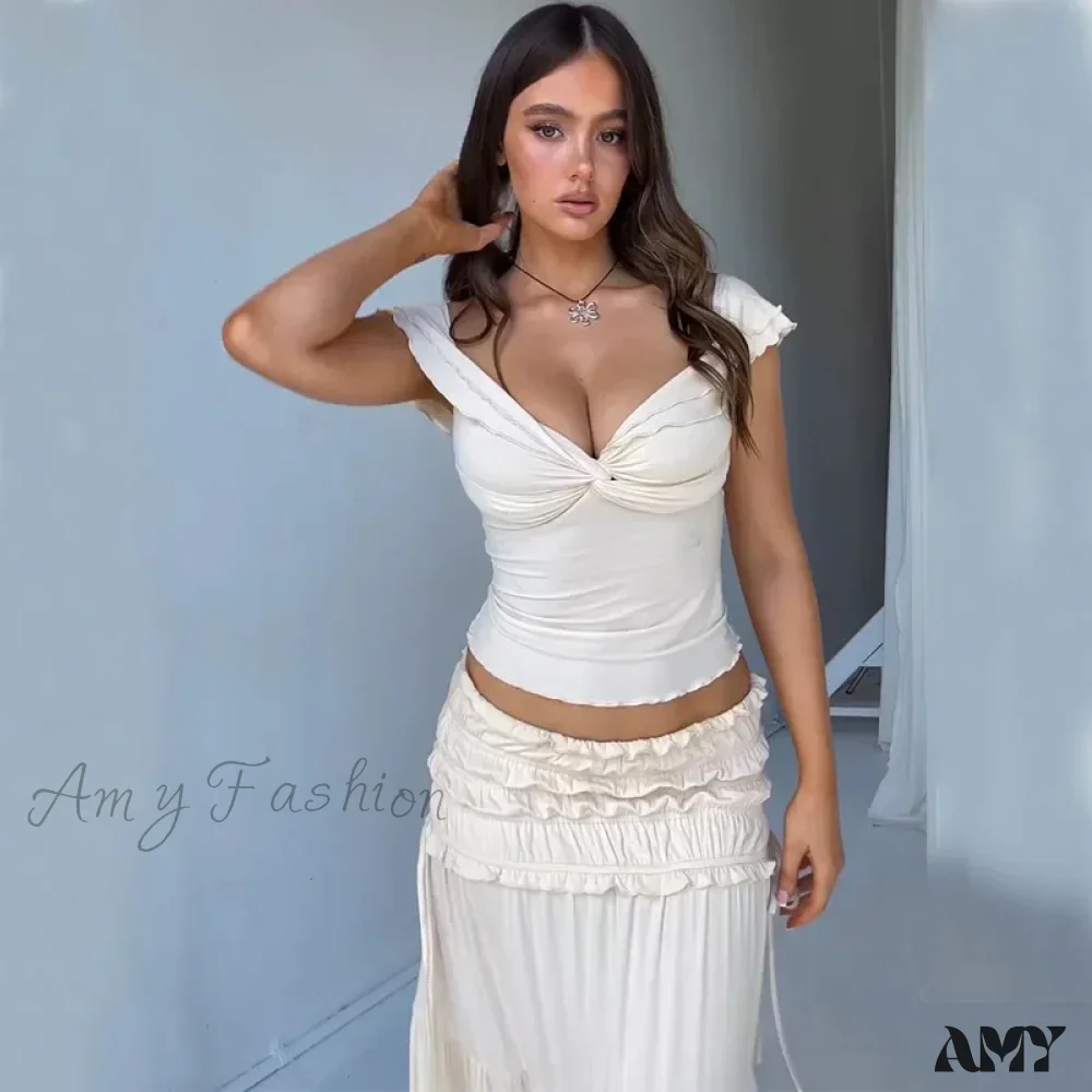 Chic Lettuce Trim Off Shoulder Short Sleeve Twist Knot Front Solid Color Crop Top - Image 3