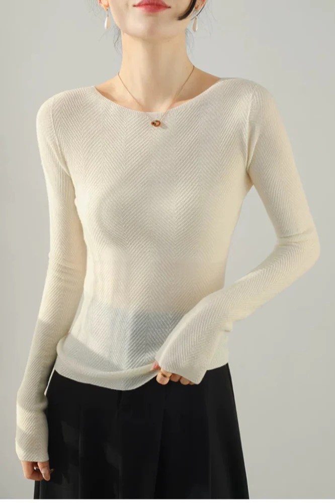Chic White Boat Neck Fine Wool Long Sleeve Base Layer - Image 2