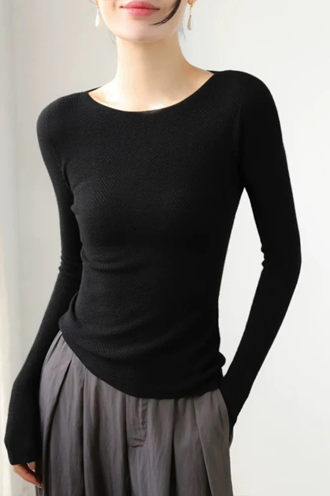 Chic White Boat Neck Fine Wool Long Sleeve Base Layer - Image 5