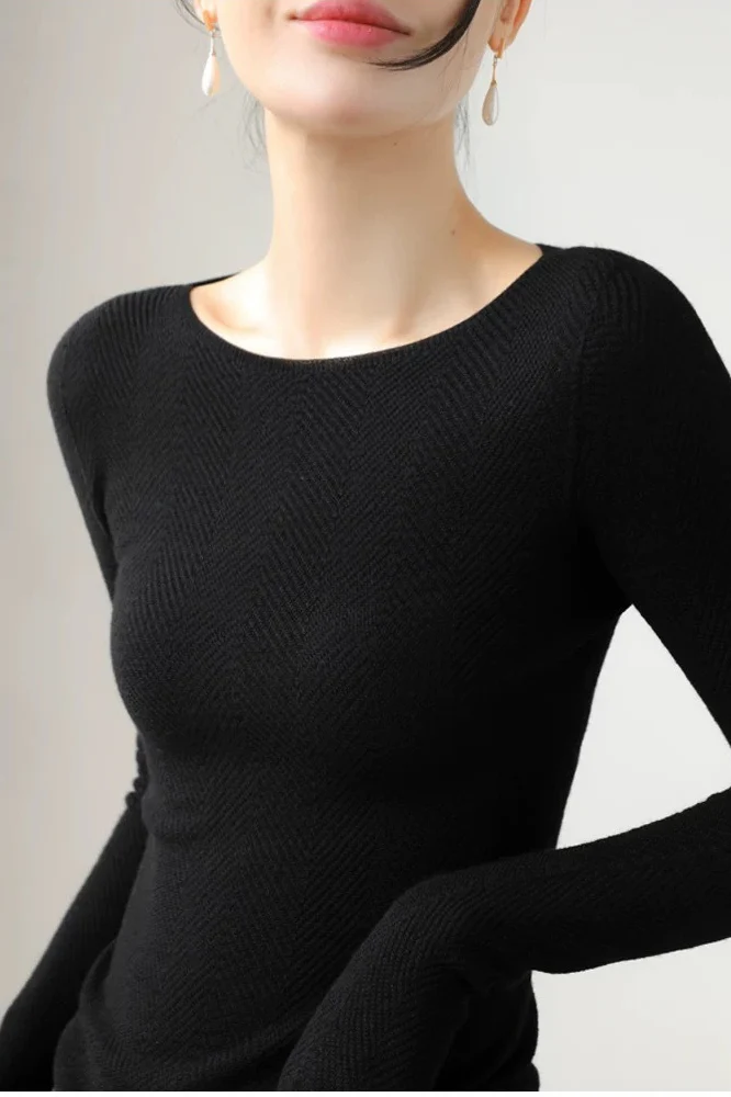 Chic White Boat Neck Fine Wool Long Sleeve Base Layer - Image 6