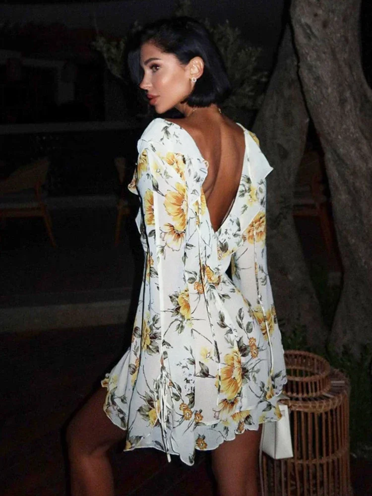Chiffon Lace Up Printed Mini Dress - Image 2