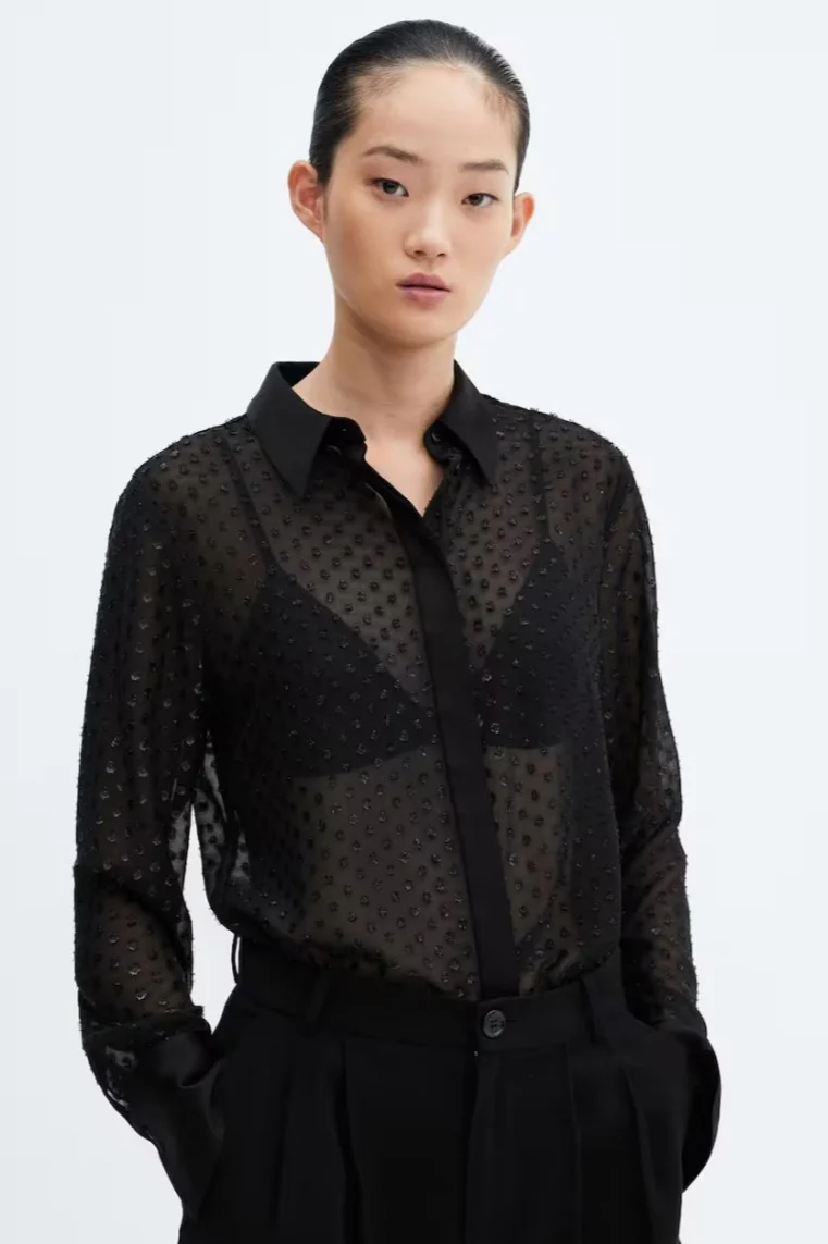 Chiffon Metallic Jacquard Sheer Loose Short Blouse
