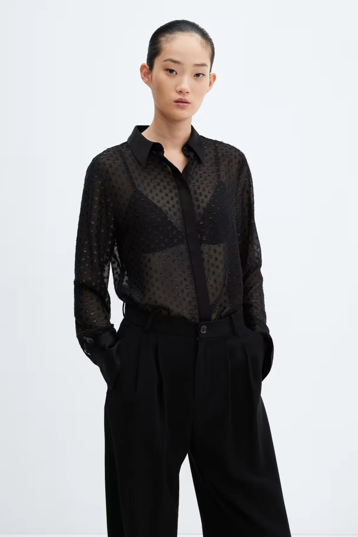 Chiffon Metallic Jacquard Sheer Loose Short Blouse - Image 5