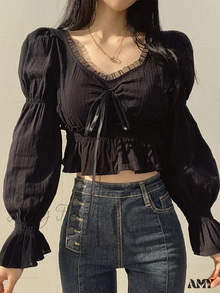 Chiffon Puff Sleeve Lace Up Ruffles Preppy Style Blouse - Image 2
