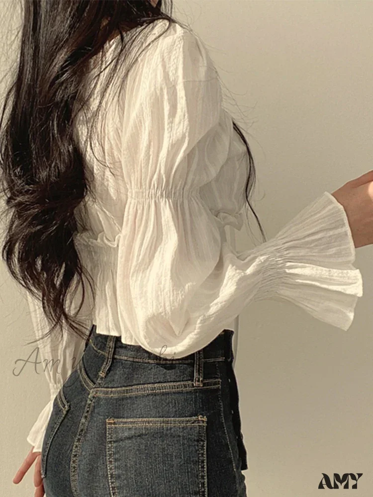 Chiffon Puff Sleeve Lace Up Ruffles Preppy Style Blouse - Image 3