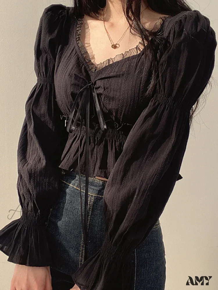 Chiffon Puff Sleeve Lace Up Ruffles Preppy Style Blouse - Image 4