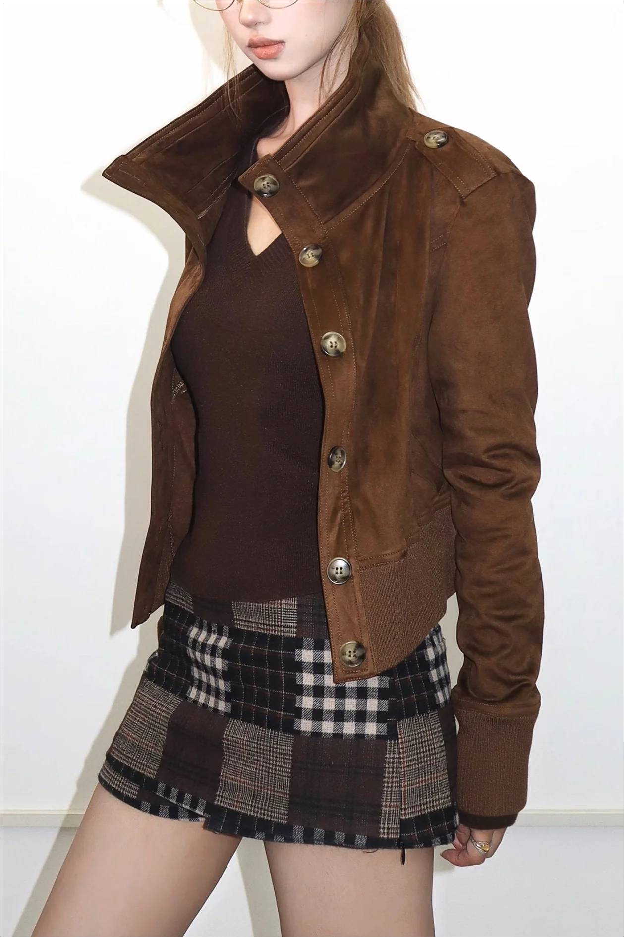 Classic Two-Tone Suede Slim Cropped Jacket