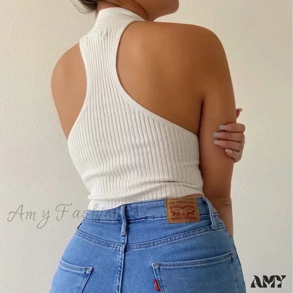 Close Fitting Simple Style Solid Color Halter Neck Sleeveless Casual Crop Top - Image 6