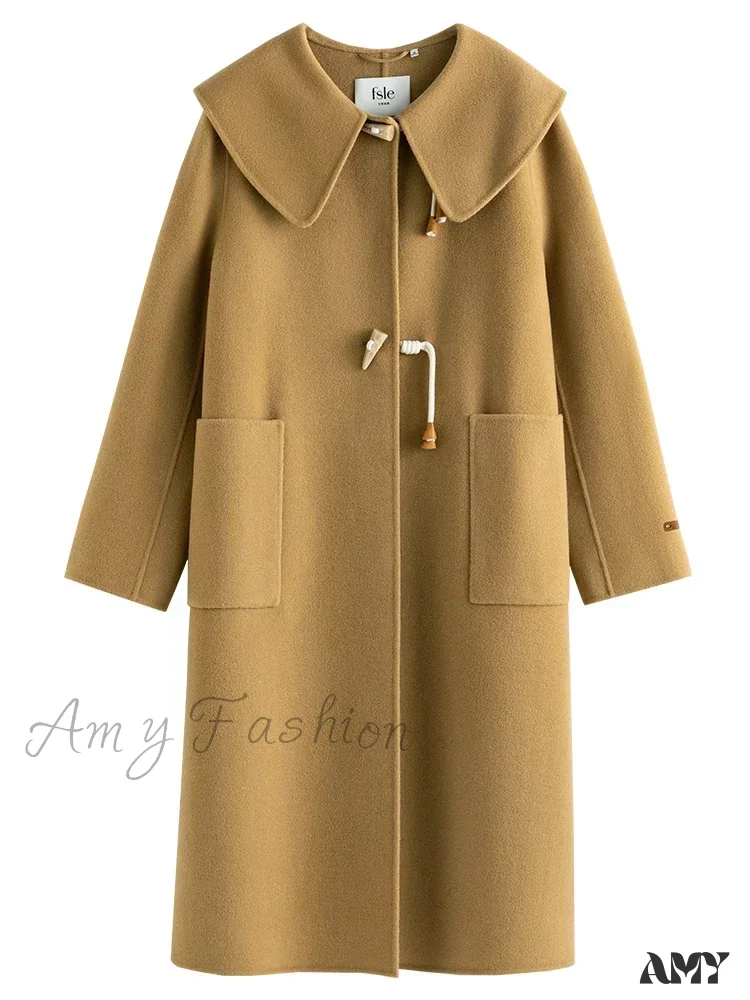 College Style Horn Button Vintage Large Collar Double-sided Long Pure Woolen Coat - Image 3