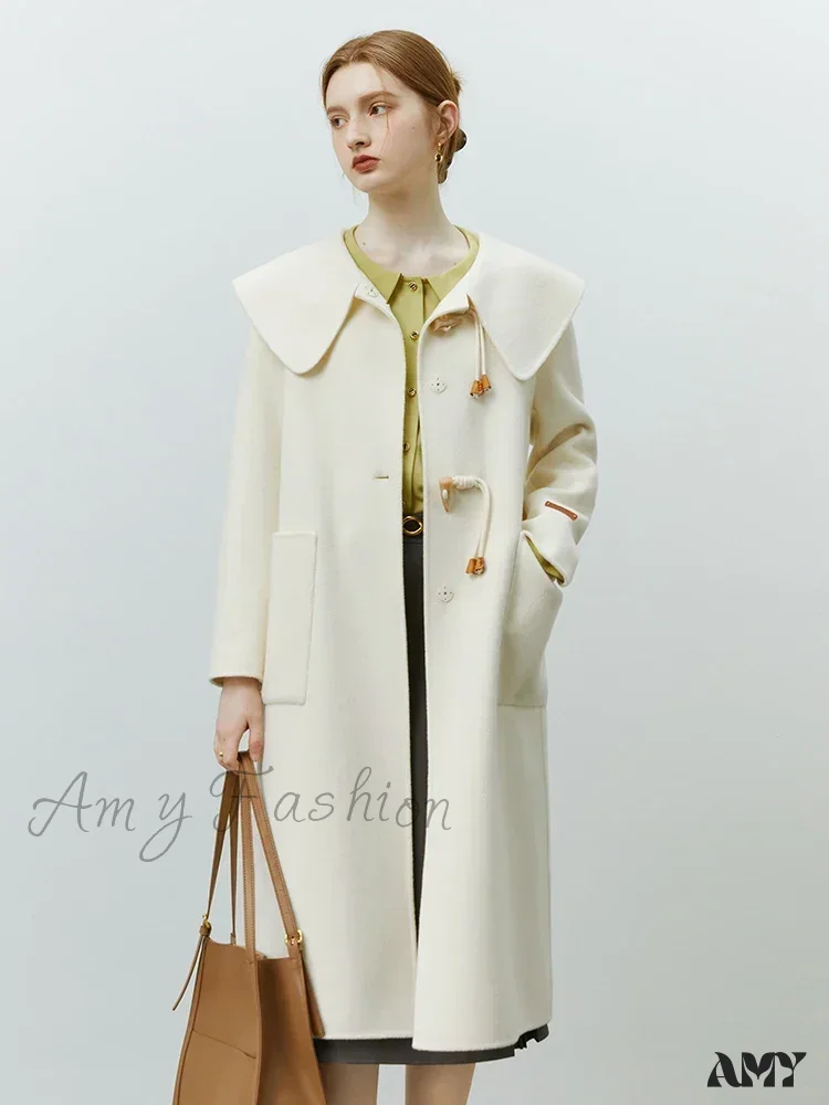 College Style Horn Button Vintage Large Collar Double-sided Long Pure Woolen Coat - Image 4