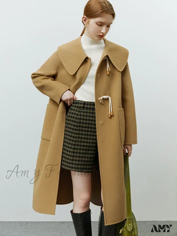 College Style Horn Button Vintage Large Collar Double-sided Long Pure Woolen Coat - Image 5
