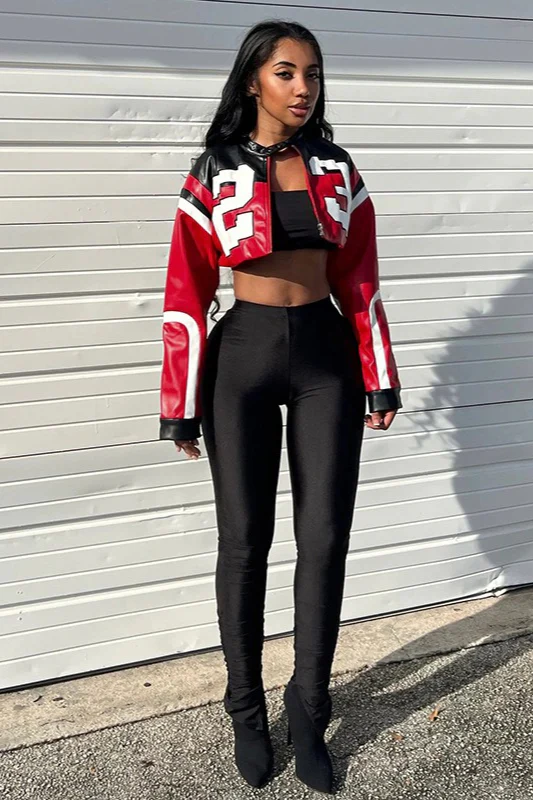 Color-Block Embroidered Slim Faux Leather Jacket - Image 2