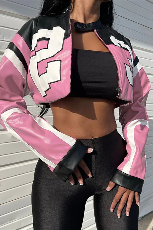 Color-Block Embroidered Slim Faux Leather Jacket - Image 4