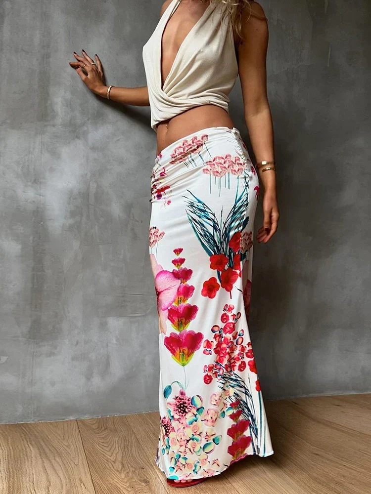 Colorful Print Ruched Peach Skirt - Image 5