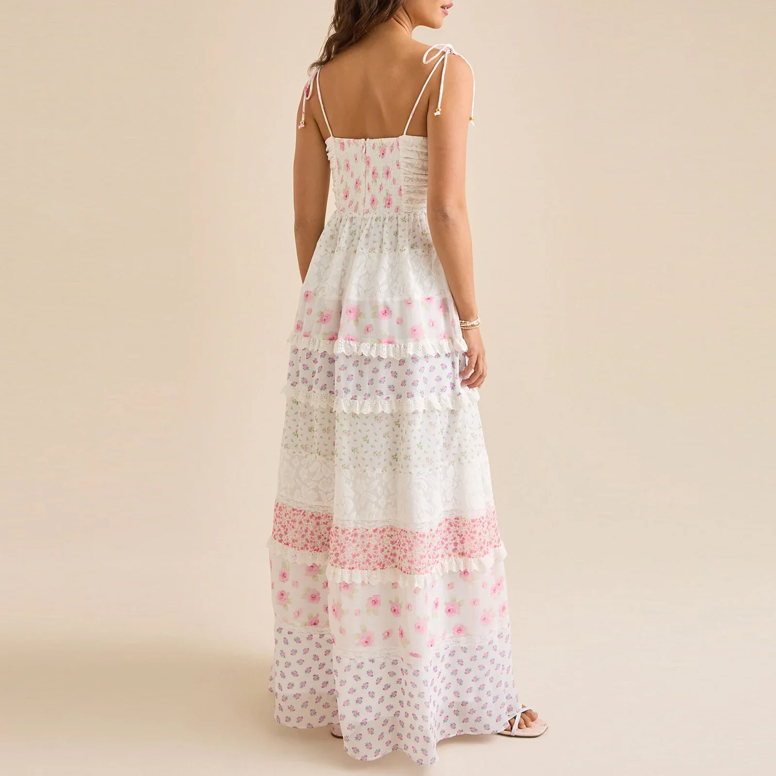 Contrast Lace Ruffle Layered Vacation Dress - Image 2