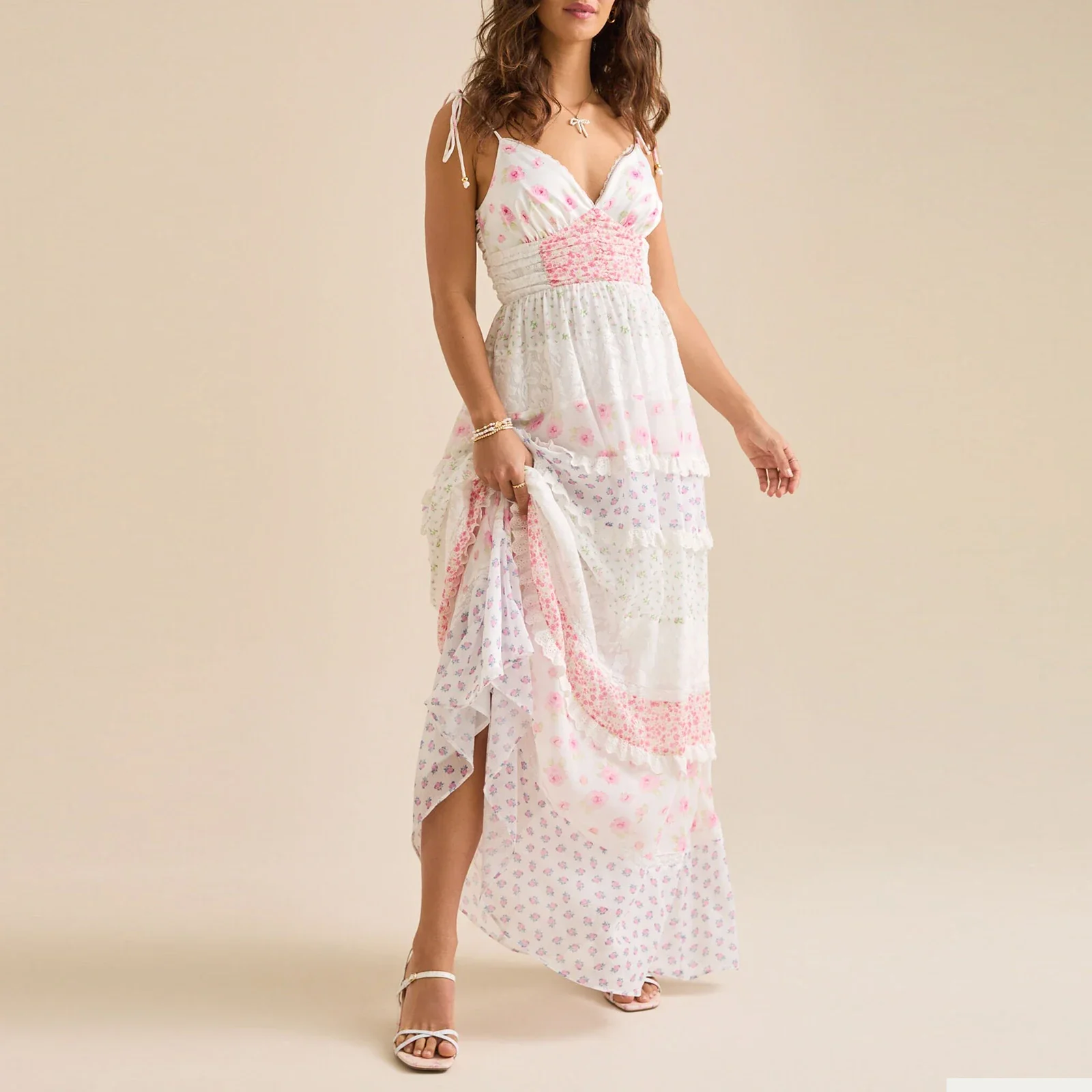 Contrast Lace Ruffle Layered Vacation Dress - Image 3