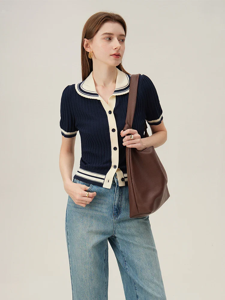 Contrast Polo Collar Summer Knit Cardigan - Image 2