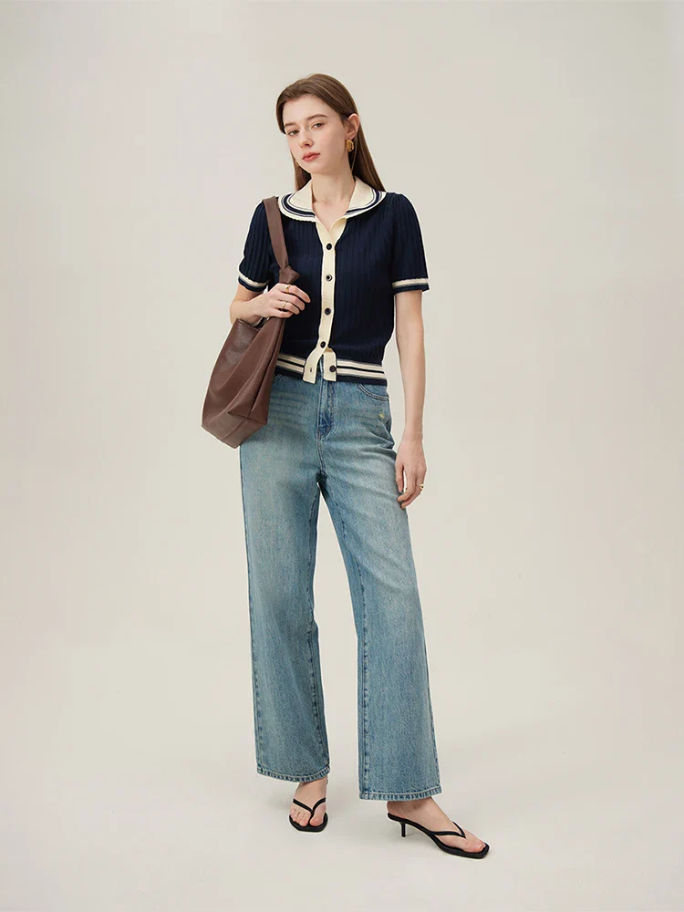 Contrast Polo Collar Summer Knit Cardigan - Image 3