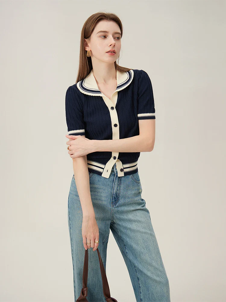 Contrast Polo Collar Summer Knit Cardigan - Image 4