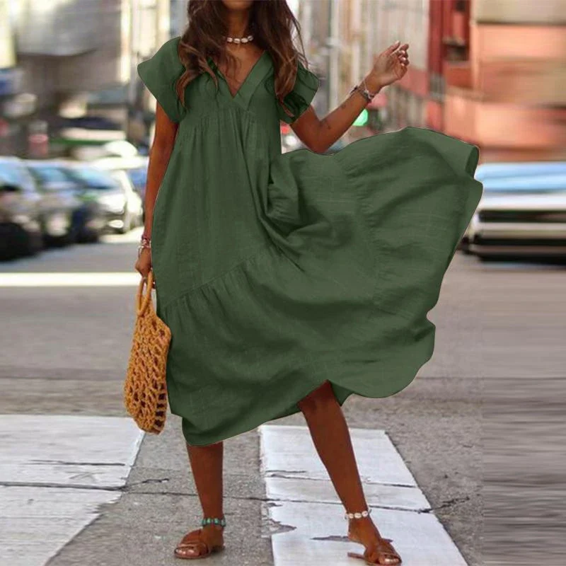 Cotton Linen Oversize Loose V-neck Boho Dress - Image 10