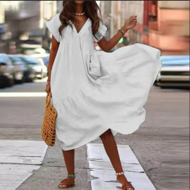 Cotton Linen Oversize Loose V-neck Boho Dress - Image 2