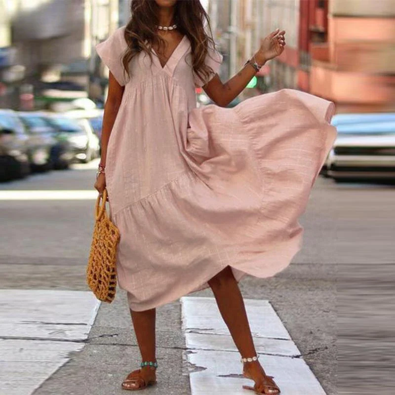 Cotton Linen Oversize Loose V-neck Boho Dress - Image 3