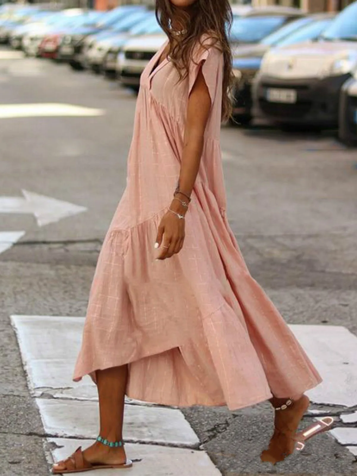 Cotton Linen Oversize Loose V-neck Boho Dress - Image 4