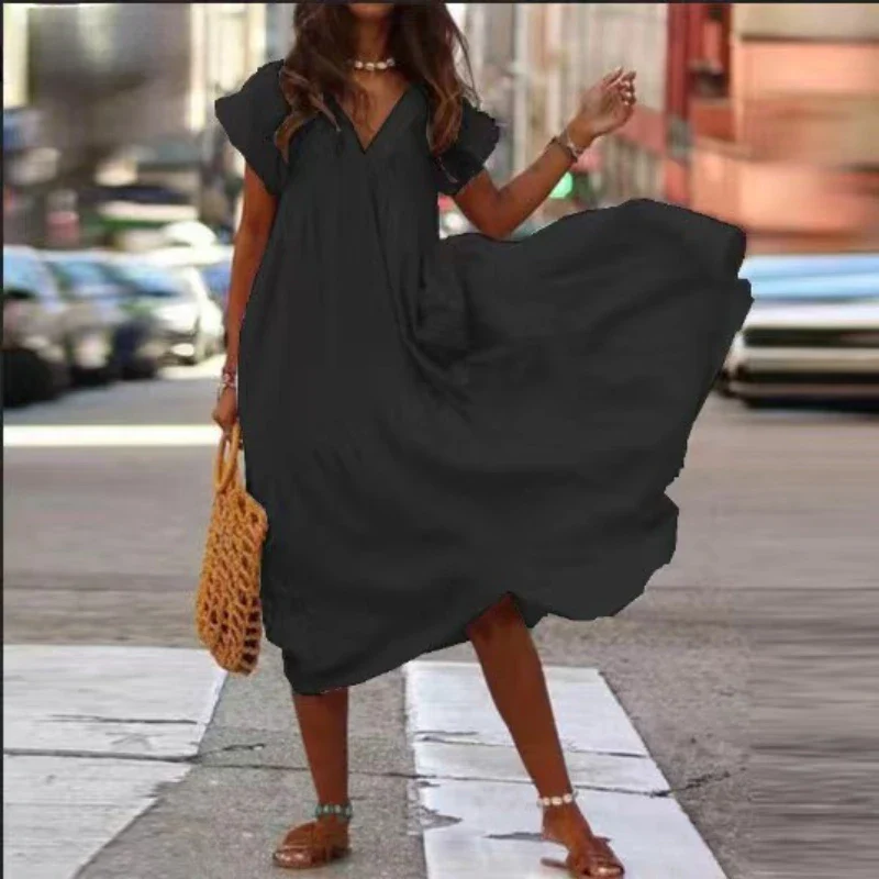 Cotton Linen Oversize Loose V-neck Boho Dress - Image 5