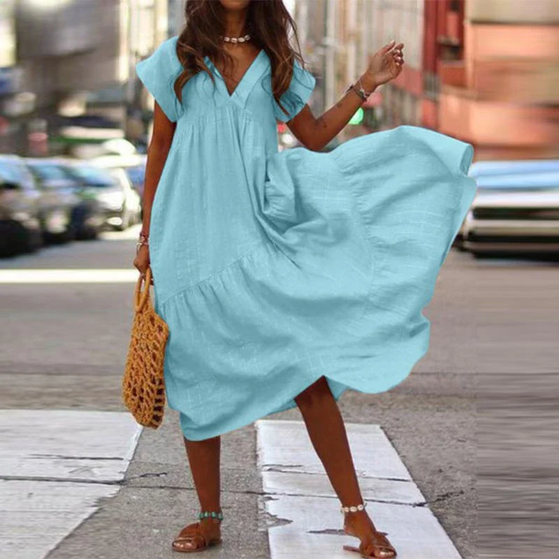 Cotton Linen Oversize Loose V-neck Boho Dress - Image 6