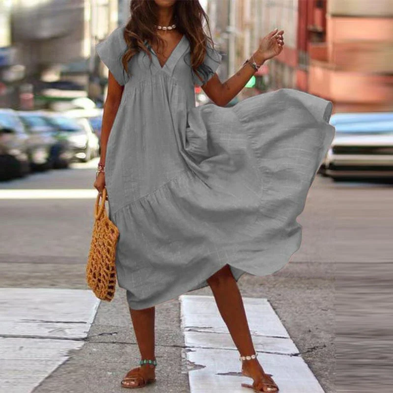 Cotton Linen Oversize Loose V-neck Boho Dress - Image 7
