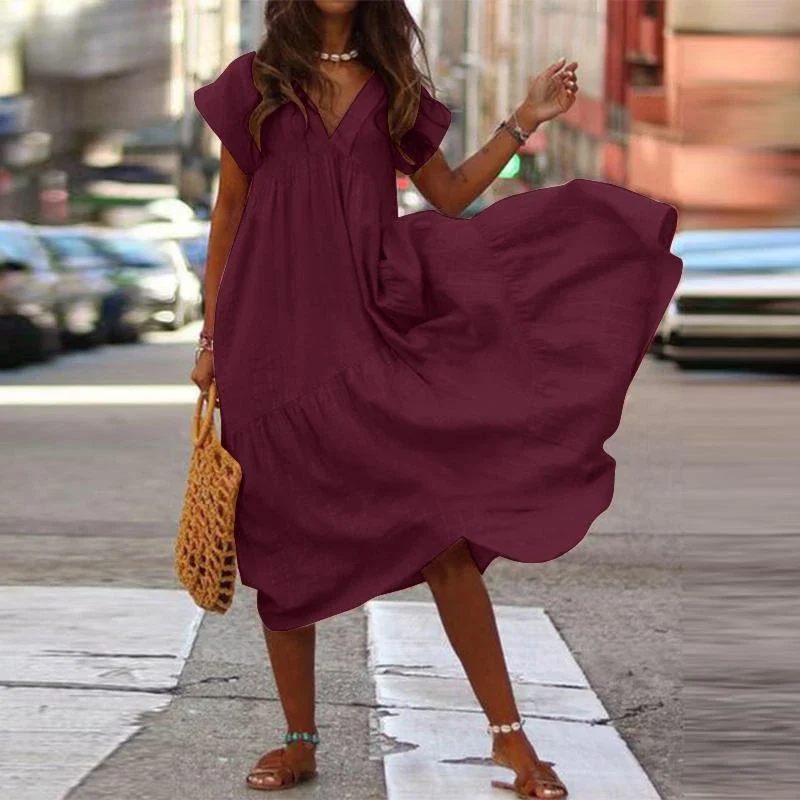 Cotton Linen Oversize Loose V-neck Boho Dress - Image 9