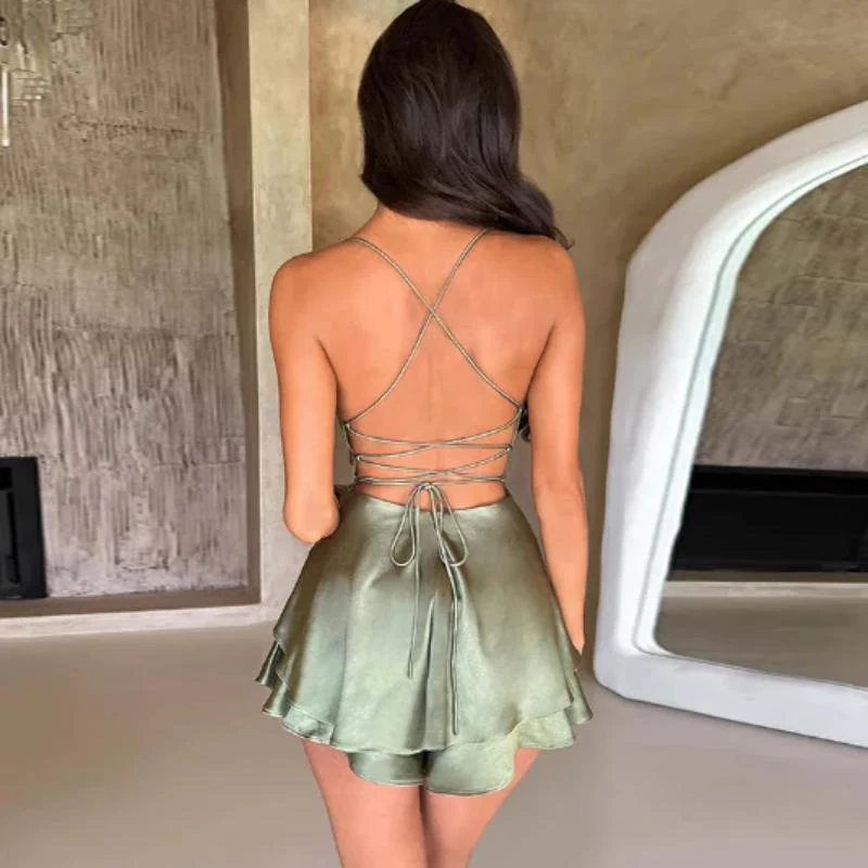 Backless Satin Flair Mini Dress - Image 7