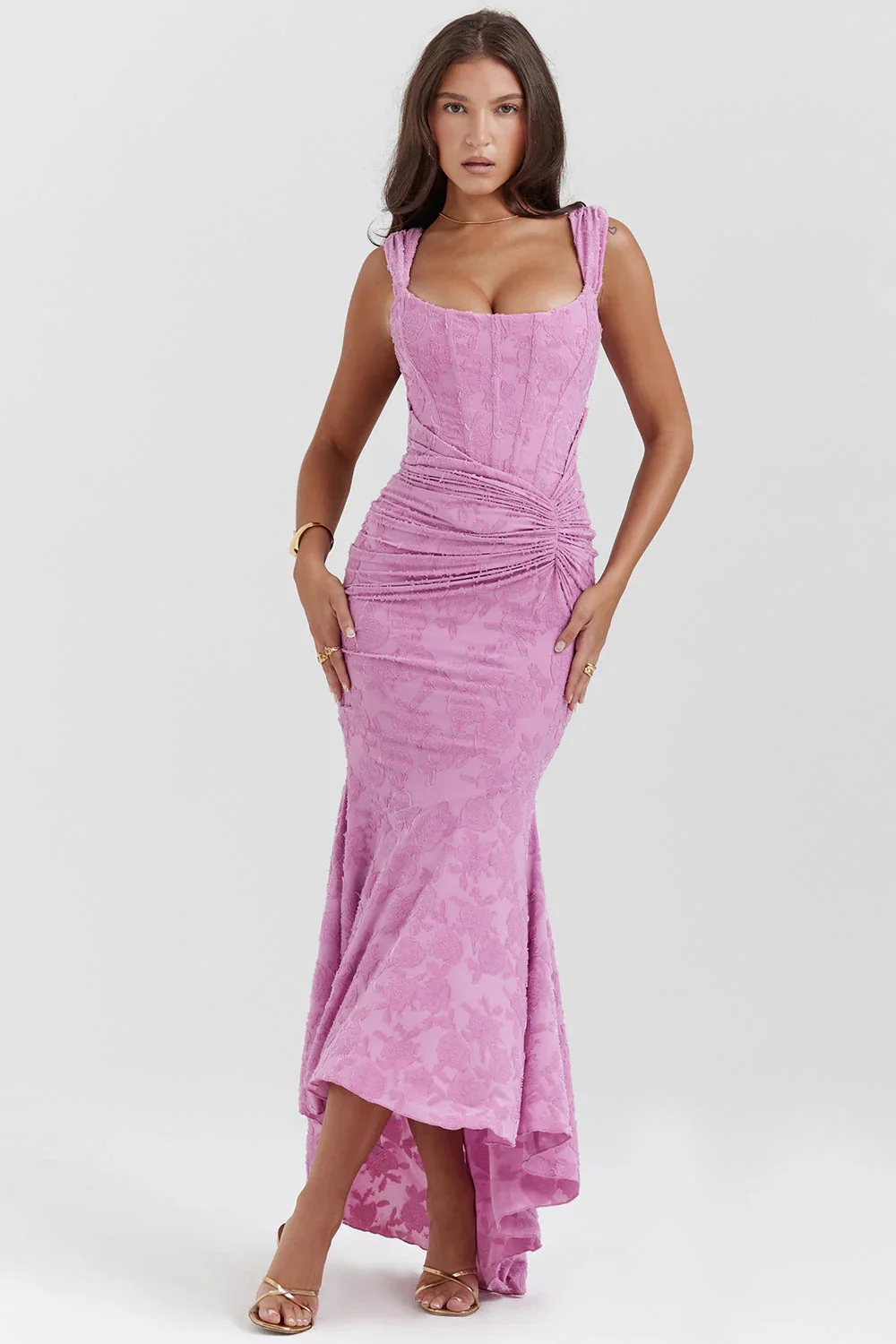 Floral Embroidered Lace Ruched Maxi Dress - Image 3