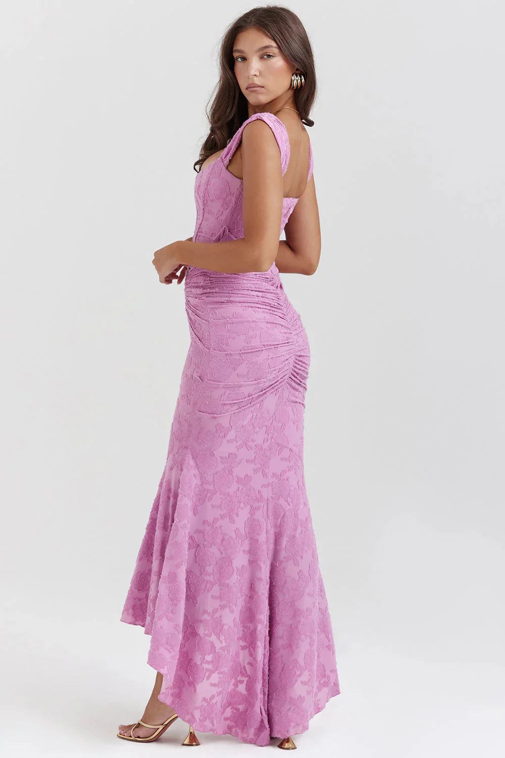 Floral Embroidered Lace Ruched Maxi Dress - Image 4