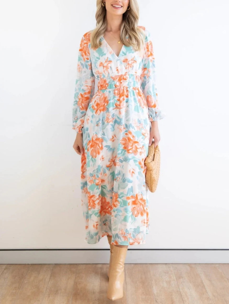 Floral Print Shirred Waist Dress - Image 5