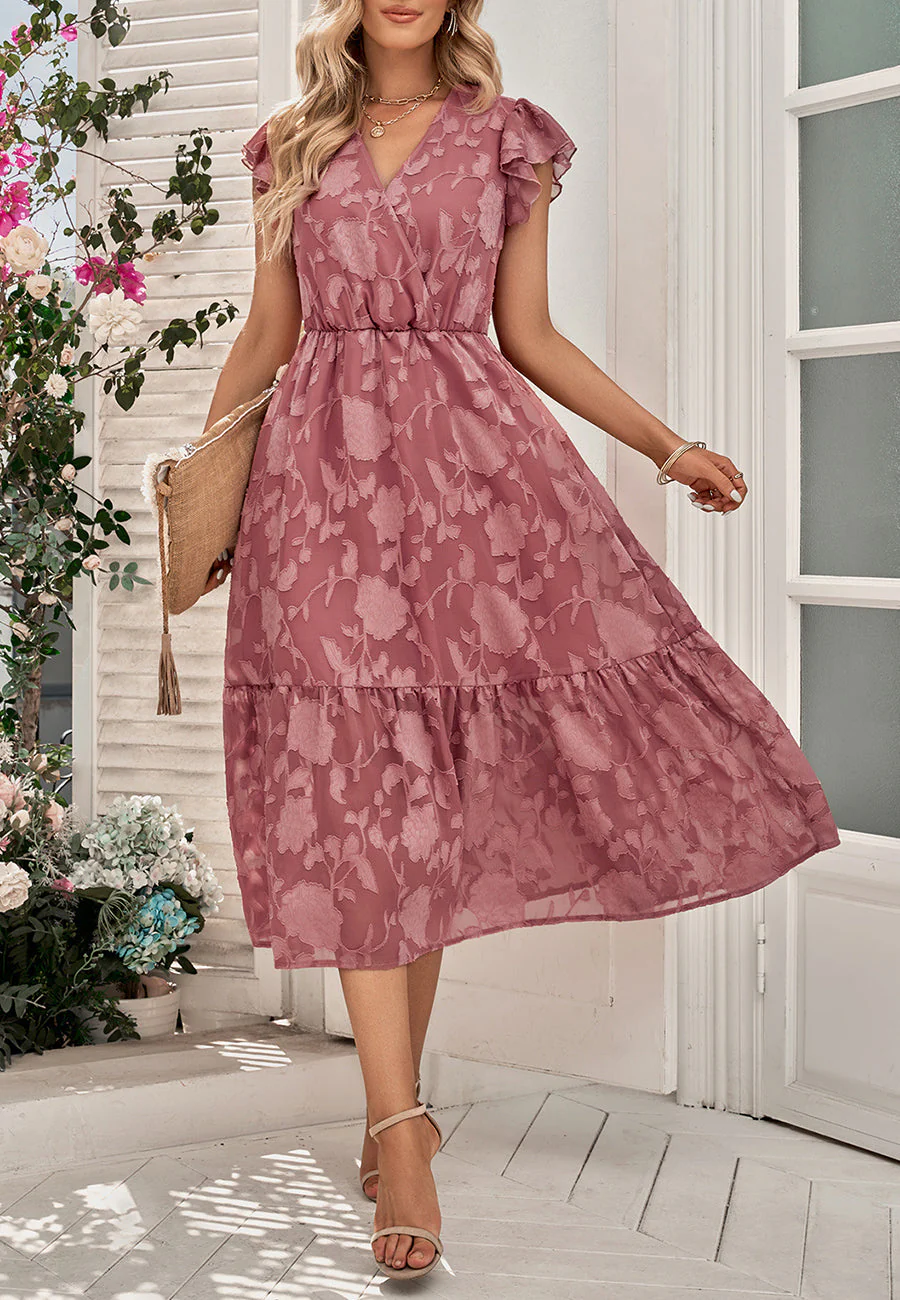 Floral Pattern Flutter Sleeve Dress - Image 2
