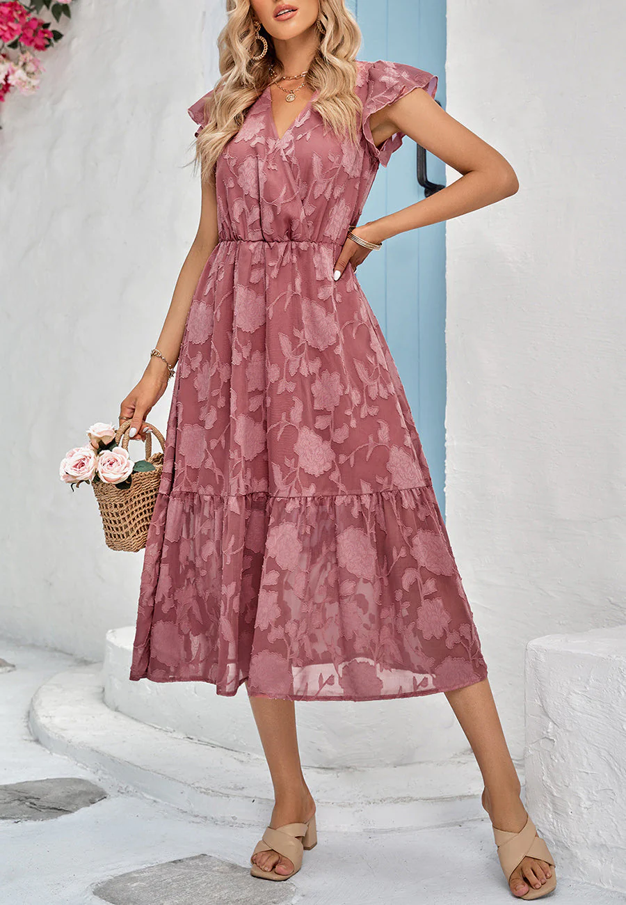 Floral Pattern Flutter Sleeve Dress - Image 3