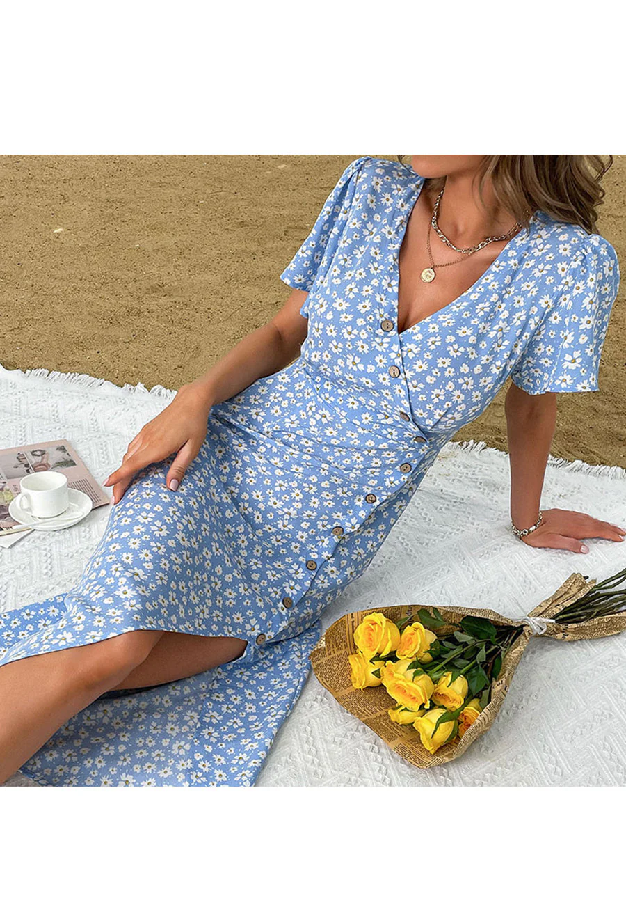 Floral Button Detail Slit Dress - Image 2