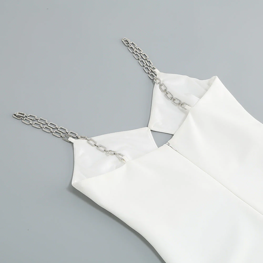 White Spaghetti Strap DiamondS Slit Dress - Image 5