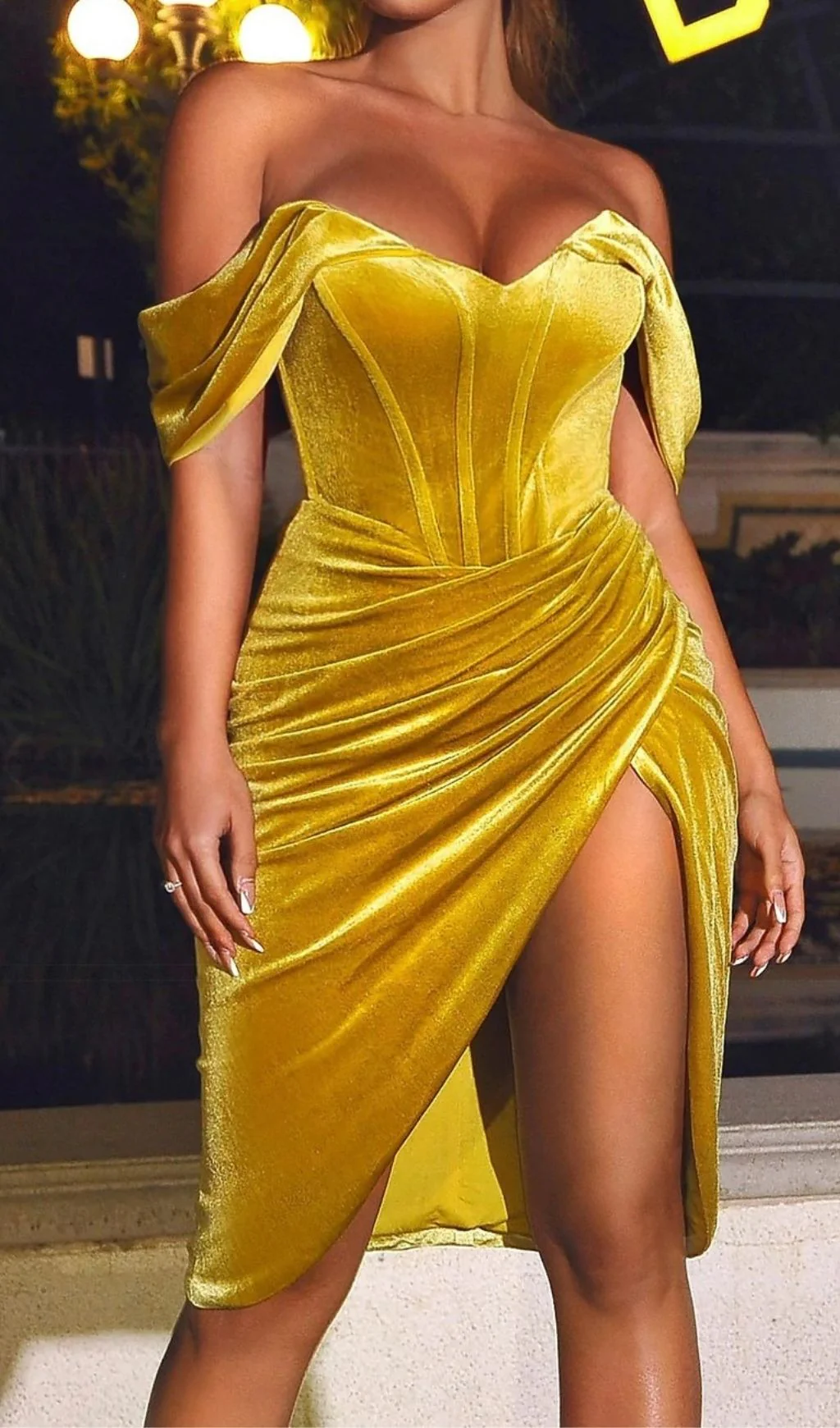 Velvet Off Shoulder Corset Dress in Gold - Image 2