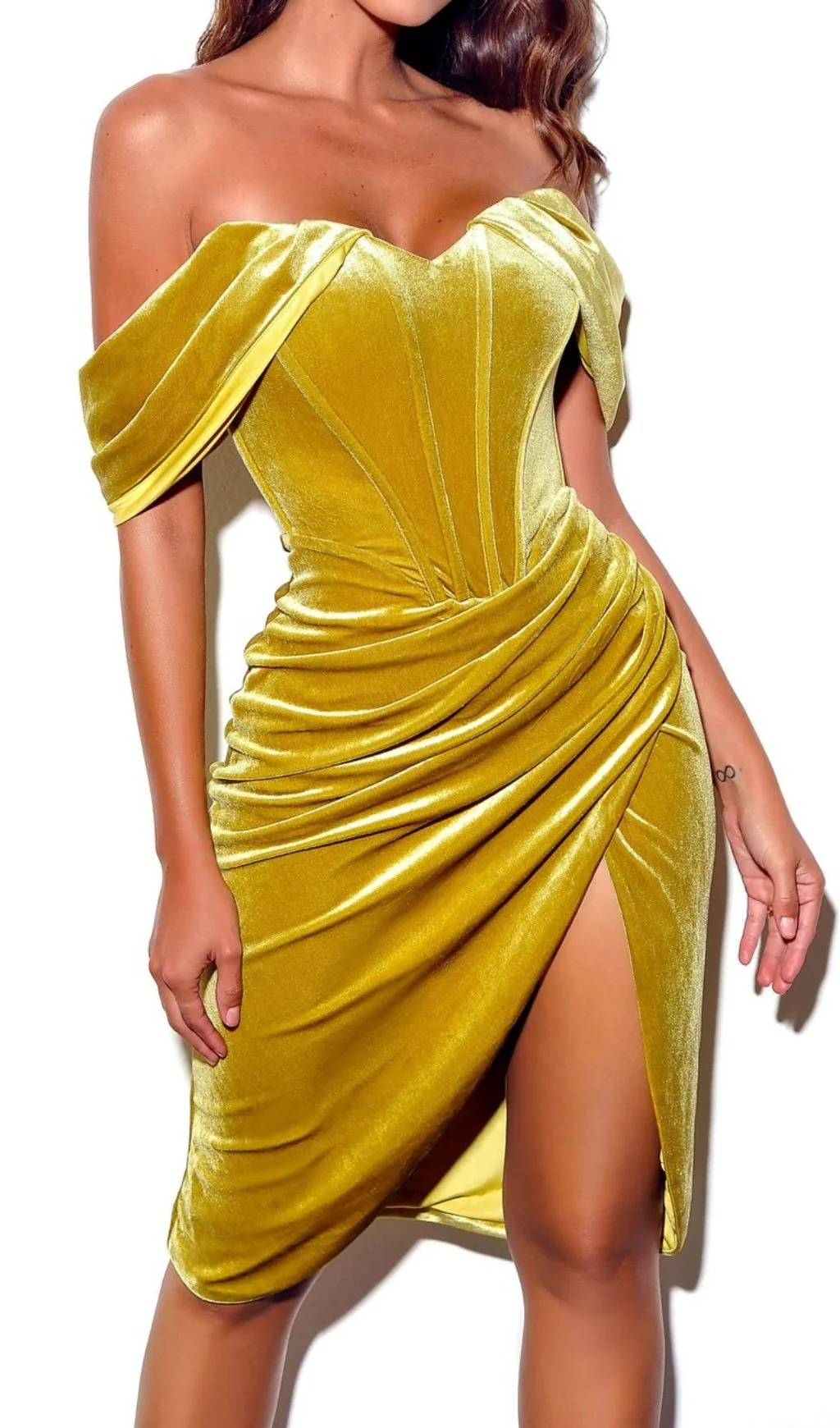 Velvet Off Shoulder Corset Dress in Gold - Image 3