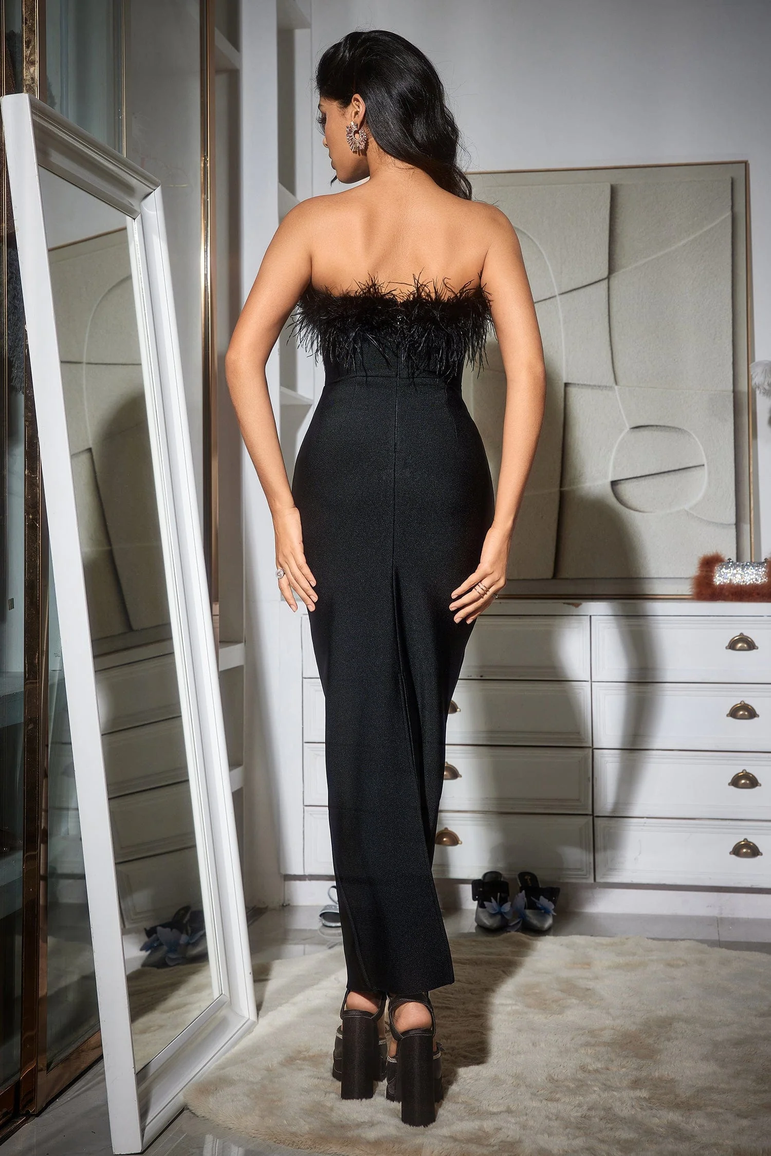 Diaz Feather Tassel Maxi Bandage Dress - Black - Image 3