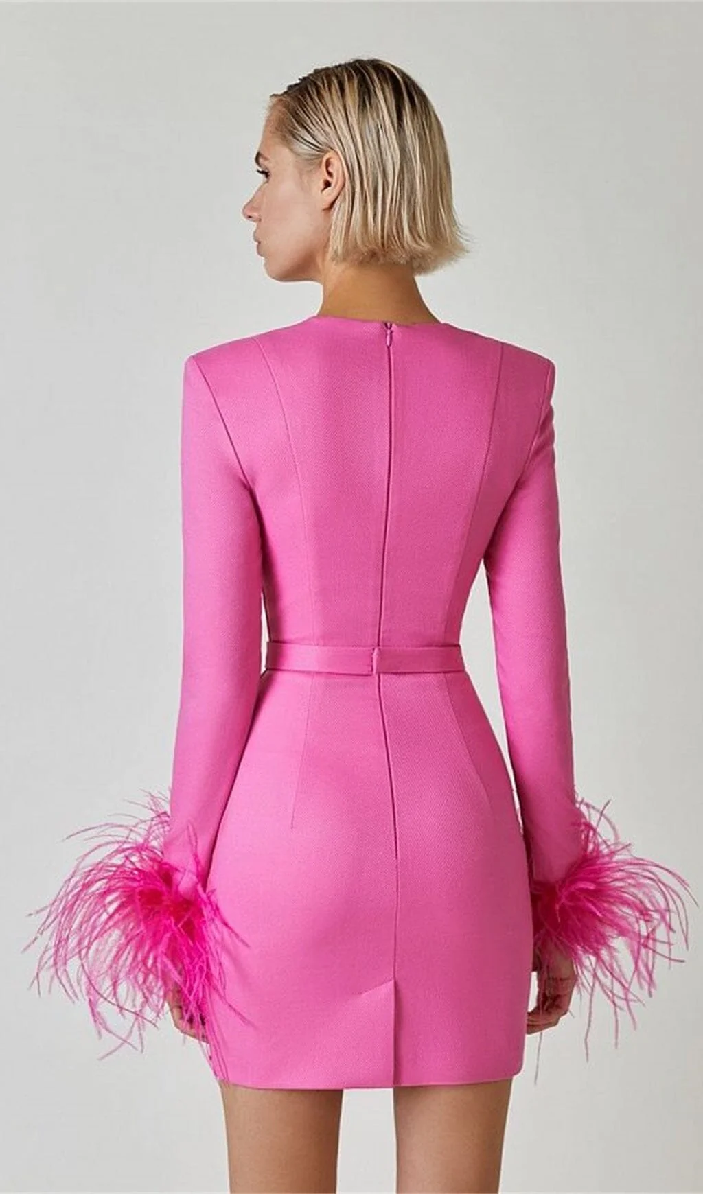 Stretch Long Sleeves Mini Dress in HYPER Pink - Image 3