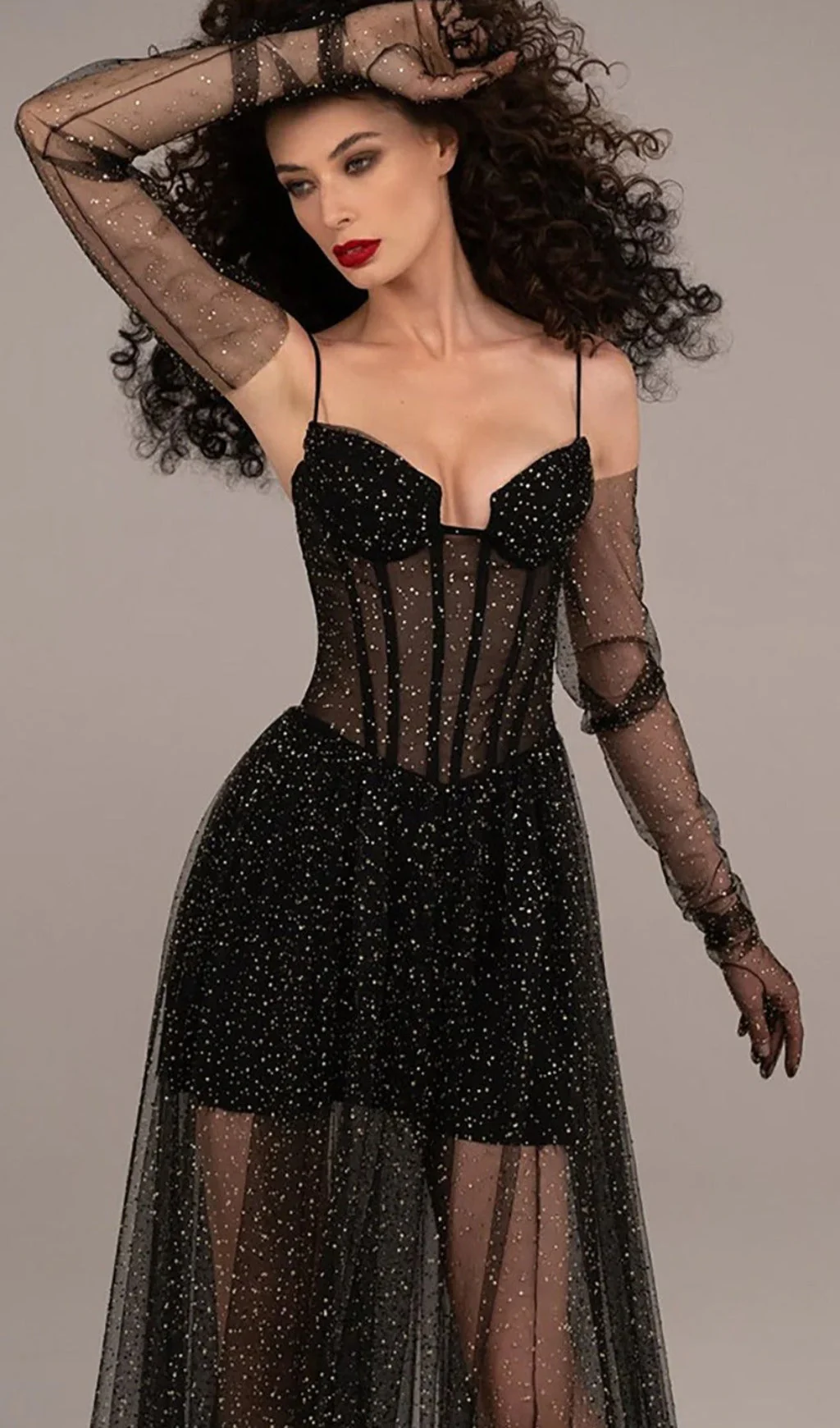 Strappy Draped RhineStone Tulle Corset Maxi Dress in Black - Image 2