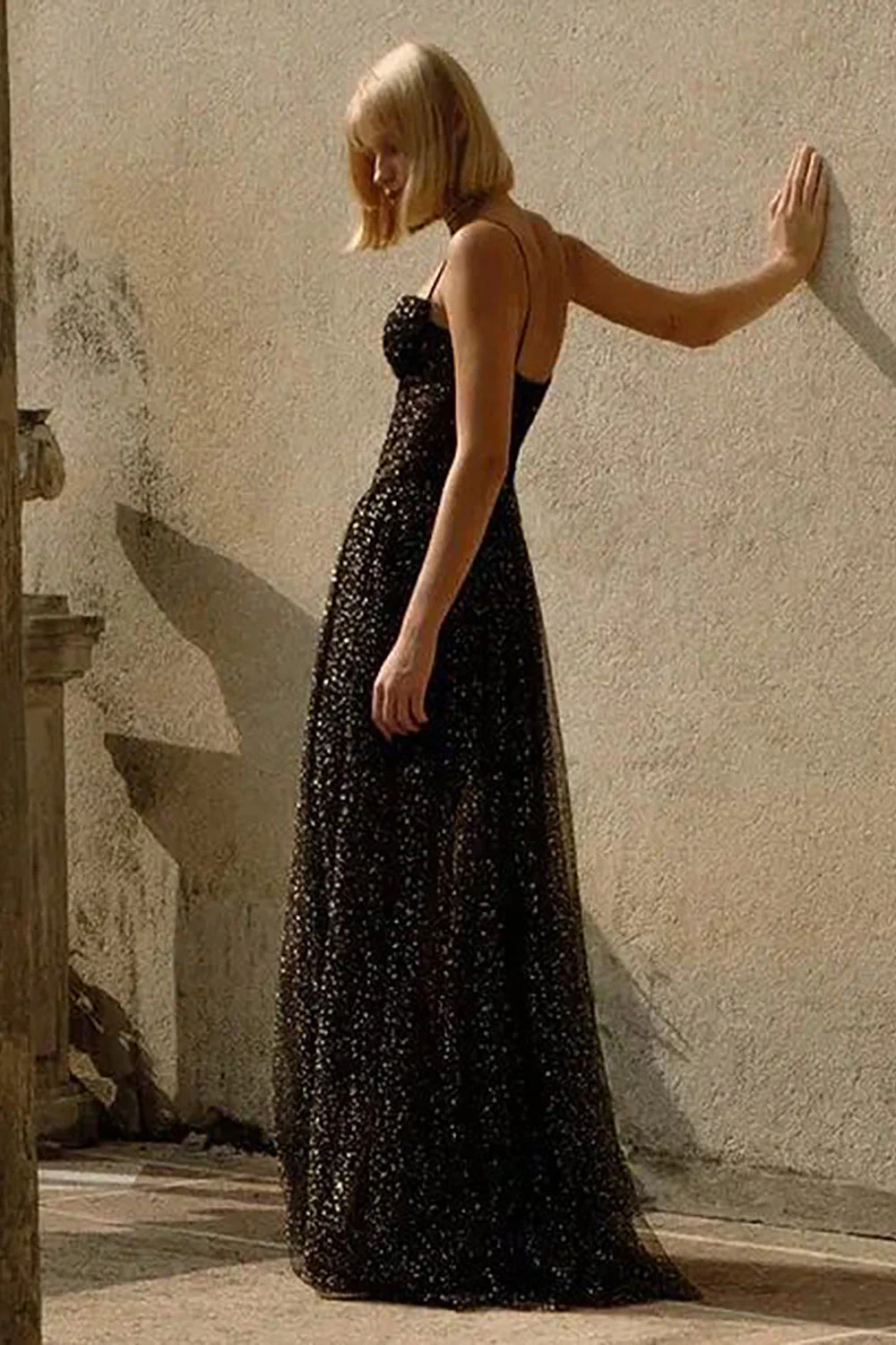 Strappy Draped RhineStone Tulle Corset Maxi Dress in Black - Image 3