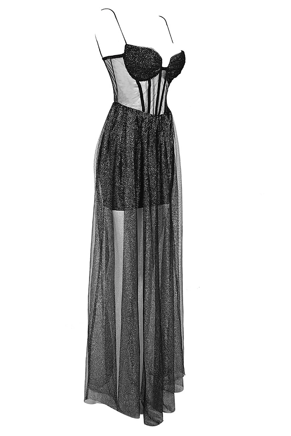 Strappy Draped RhineStone Tulle Corset Maxi Dress in Black - Image 5