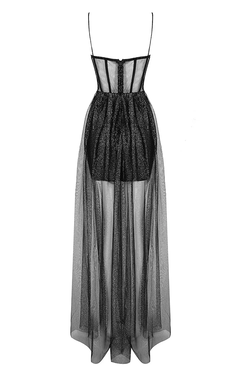 Strappy Draped RhineStone Tulle Corset Maxi Dress in Black - Image 6