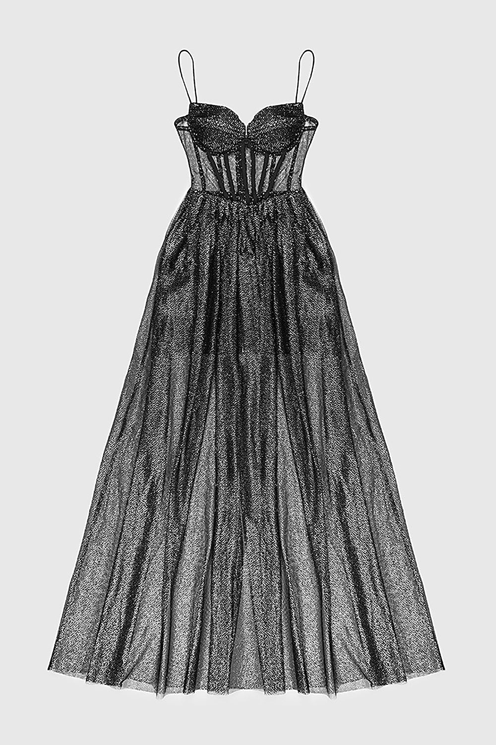 Strappy Draped RhineStone Tulle Corset Maxi Dress in Black - Image 7