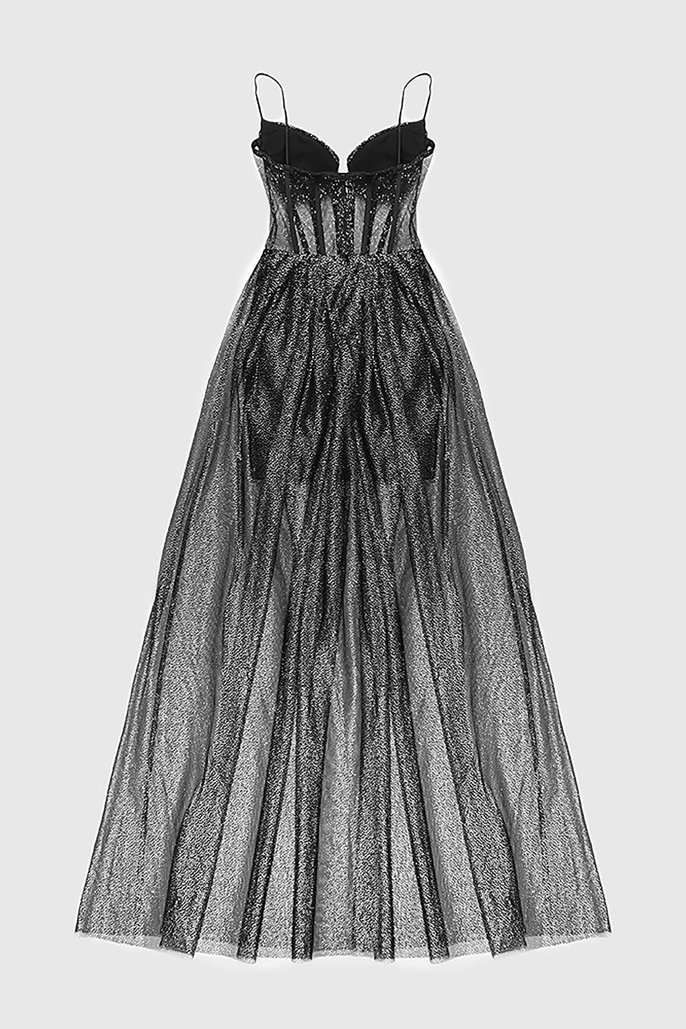 Strappy Draped RhineStone Tulle Corset Maxi Dress in Black - Image 8